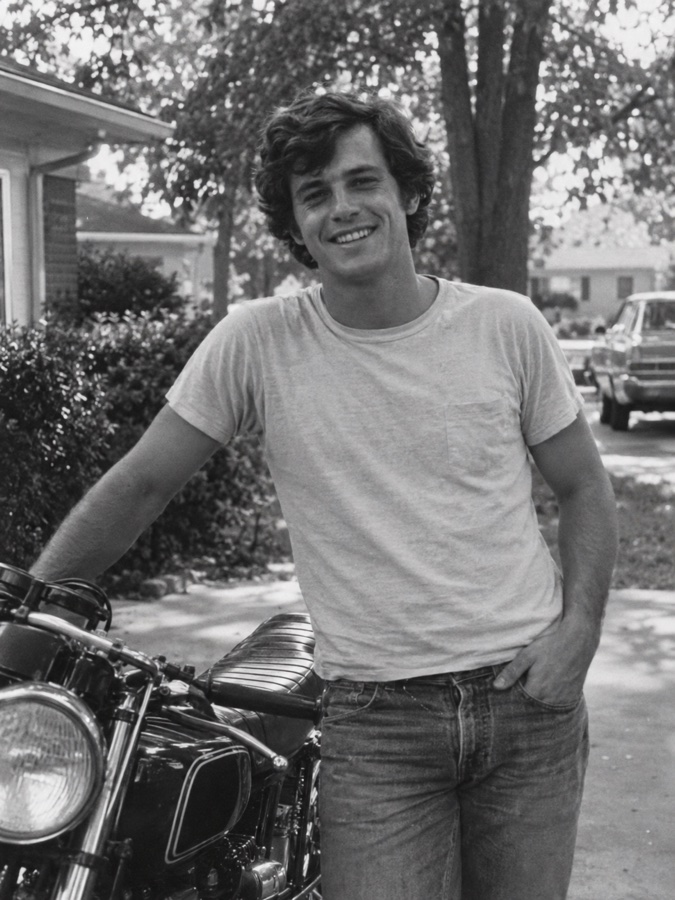 An illustrative vintage portrait of a young man smiling beside his motorcycle